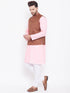 Vastramay Men's Coffee Brown, Pink And White Cotton Blend Jacket, Kurta and Pyjama Set